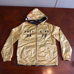 A Bathing Ape BAPE Vtg Y2K Shark Full Zip Hoodie Metallic Gold Reversible Camo L - Picture 1 of 24