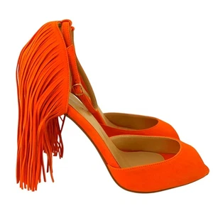 Size 12 M | Women’s Orange Fringe Peep-Toe Red-Bottom D’Orsay Stiletto Pumps - Picture 1 of 13