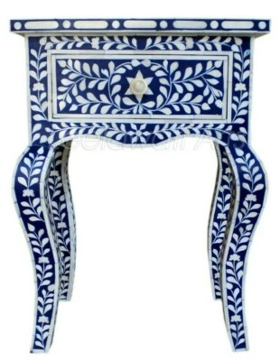 Handmade Bone Inlay Chest of 1 Drawer Bedside Table End Table Side Table Blue - Image 1 of 4