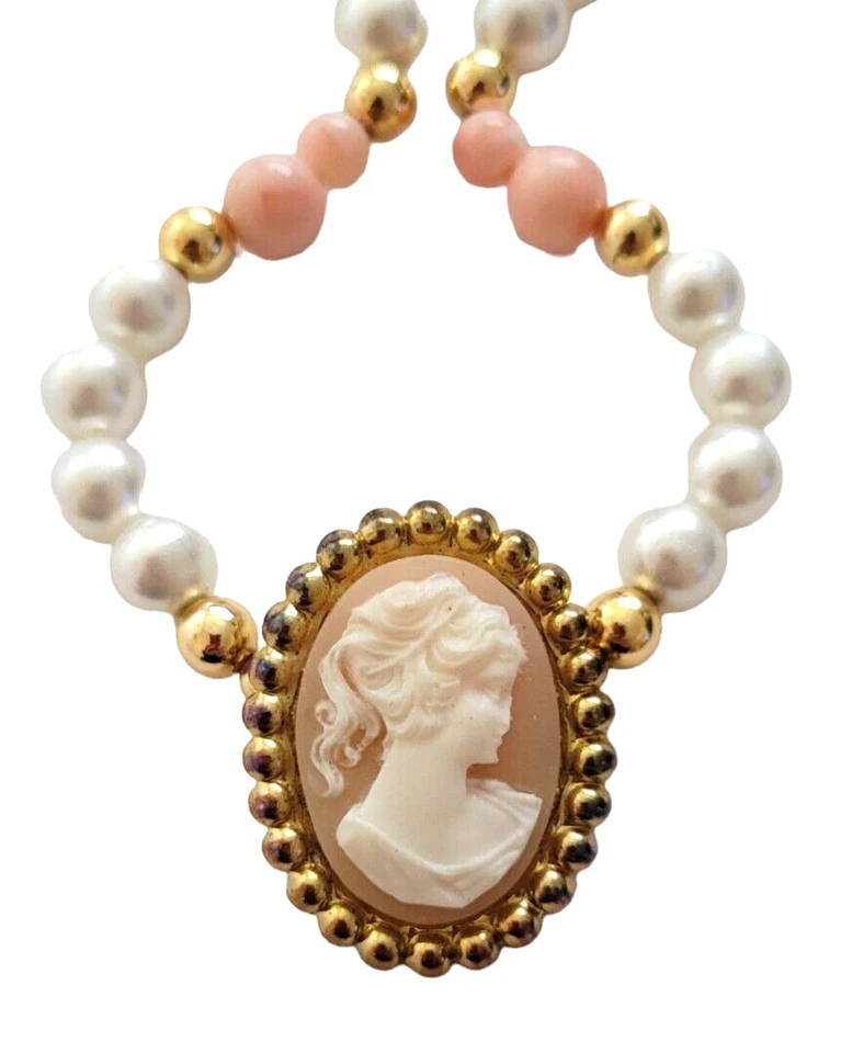 Victorian Style Choker Necklace Pink Cream Resin Cameo Brooch Lady Faux Pearls - image 1 of 4