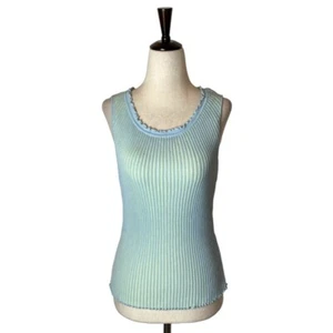 Camiseta sin mangas Dolce Cabo para mujer mediana azul amarillo tejido acanalado con volantes escote dobladillo - Imagen 1 de 8