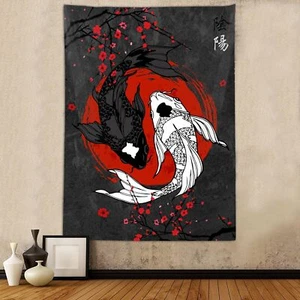 Japanese Yin Yang Koi Fish Tapestry, Cool Red and Black Anime Sakura Art Tapestr - Picture 1 of 5