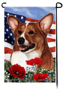 Patriotic Flowers Garden Flag - Red and White Pembroke Welsh Corgi - Picture 1 of 1