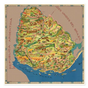 Map of Uruguay, South America circa 1936 - Oriental Republic 24 inch x 24 inch - Picture 1 of 12