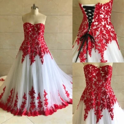 Gothic Wedding Dresses Red Applique Backless Sweep Train Tulle Bridal Gowns - Image 1 of 4