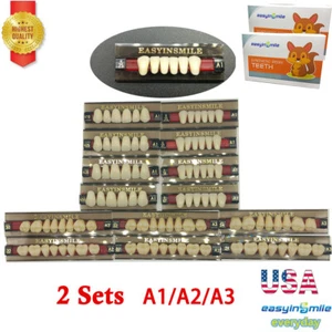 USA 2Sets Denture Full Set/Upper/Lower Dental Acrylic Resin Teeth Shade A1/A2/A3 - Picture 1 of 30