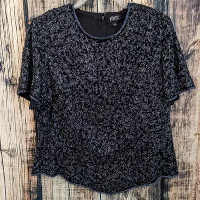Top De Colección Adrianna Papell 100% Seda Mujer Plus 1X Negro Cuentas Cabricho Cóctel Foto 1 de 4
