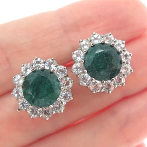 925 Sterling Silver Real Round-Cut Emerald & White Topaz Omega Back Earrings - Picture 1 of 7