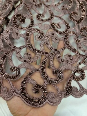 Lace Embroidered Beaded Dark Mauve Mesh Bridal Evening Dress Fabric By The Yard  - Image 1 of 4