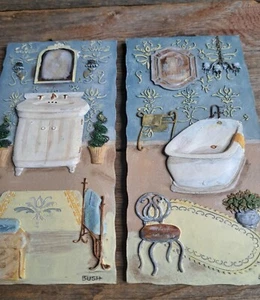 2 Stück hängende Wand / Kunst Plakette ~ 3D Keramik von Bush ~ - Bild 1 von 11