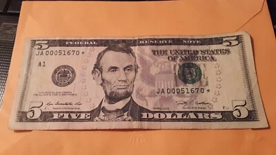 2009 $5 Federal Reserve Star Note Boston Birthday Note 51670 640K Low Run Bill - Image 1 of 2