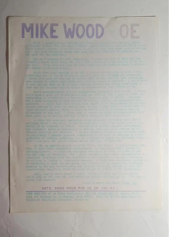 1971 SF FANZINE OE CAMPAIGN APA-45 MIKE WOOD RUNNING FOR ELECTION LETTER - Image 1 of 1