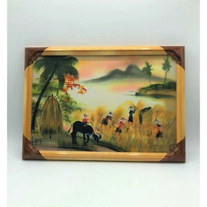 Original Oriental Scene Hand Painted on Fabric Hand Crafted Wooden Frame - Picture 1 of 7