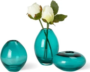 Set of 3 Hand Blown Glass Bud Flower Vases Clear Small Teal Vase Turquoise Decor - Picture 1 of 6
