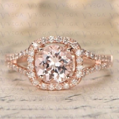 Anillo de boda enchapado en oro rosa de 18 quilates con morganita natural y diamantes de forma redonda de 5,80 quilates Foto 1 de 4