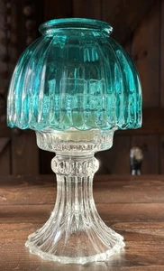 LE Smith? Teal Glass Fairy Lamp Votive Candle Holder Tiara? Pedestal Base 3 Pc - Picture 1 of 9