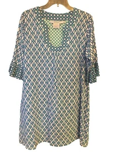 Vestido Gretchen Scott Talla L Verde Azul Lunares Cuello Redondo Bolsillo Algodón - Imagen 1 de 7