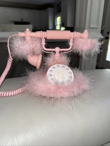 RARE!! VINTAGE! PINK FUZZY FEATHER LANDLINE PHONE ROTARY PUSH BUTTON TELEPHONE - Picture 1 of 2
