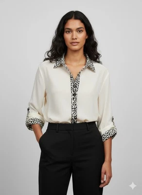 Blusa de seda para mujer Tucker con cuello estampado animal y borde de línea de botones talla S Foto 1 de 4