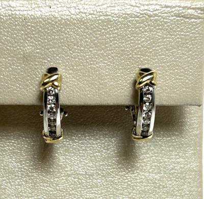 ELEGANT 14K TWO TONE GOLD 1/4 CT TW DIAMOND OMEGA BACK HOOP EARRINGS - Image 1 of 4