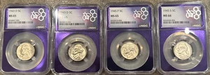 FOUR Jefferson 5 Cent War Nickel Silver NGC (2) 1943 D  1945 P 1946 S MS66 & 65 - Picture 1 of 6