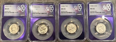 FOUR Jefferson 5 Cent War Nickel Silver NGC (2) 1943 D  1945 P 1946 S MS66 & 65 - Image 1 of 4
