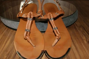 Dolce Vita Damen 8 Archer Leder Sandale Flip Flop Riemen braun gold DV EUC! - Bild 1 von 12