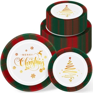 50 Pcs Christmas Plastic Disposable Plates Red and Green Plaid Plates Set for... - Picture 1 of 7