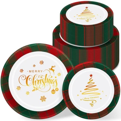 50 Pcs Christmas Plastic Disposable Plates Red and Green Plaid Plates Set for... - Image 1 of 4
