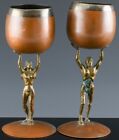 UNUSUAL PAIR SIGNED COPPER SILVER MIXED METALS MAN LADY FIGURAL WINE GOBLET CUPS