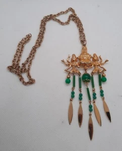 Vintage Signed Art Gold Tone Buddah Goddess Pendant Necklace - Picture 1 of 10