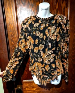 Black Tie by He-Ro orange black Beaded Sequined Blouse 100% Silk Sz 12 L Top 4C - Picture 1 of 5