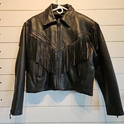 Vtg Genuine Leather Tassel Black Motorcycle Cafe Racer Jacket Womens Medium  - Image 1 of 4
