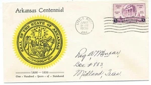 USA 1936 First Day Cover Arkansas Centennial #782 Little Rock Linprint Cachet - Bild 1 von 1