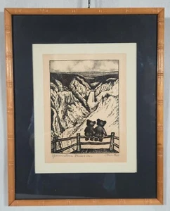 OLIVENFALL 1930er HANDGEDRUCKTE & SIGNIERTE RADIERUNG "YELLOWSTONE FALLS + US" GERAHMT - Bild 1 von 6