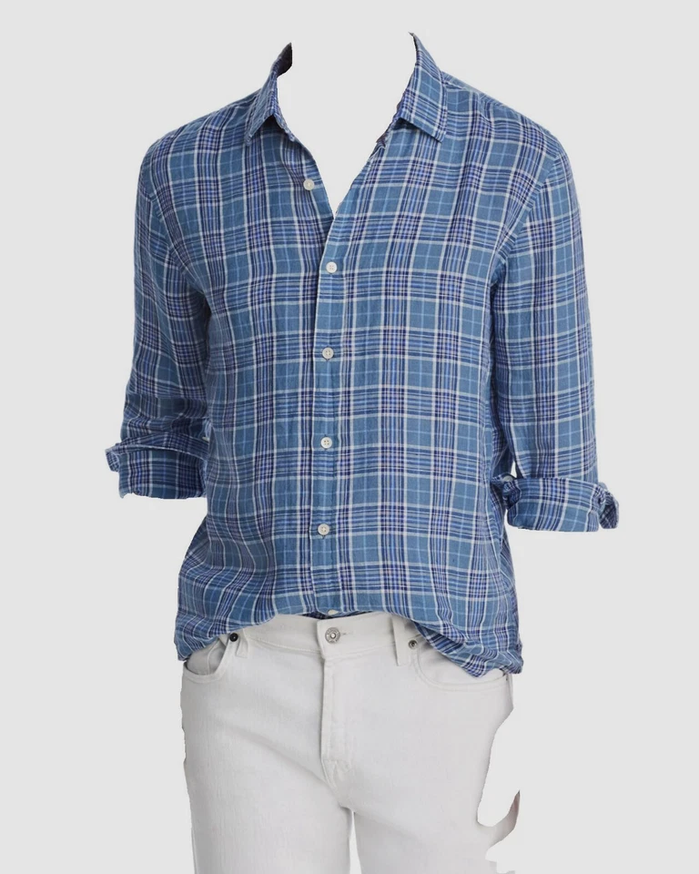 Bloomingdale's Mens Classic-Fit Blue White Plaid Linen Long-Sleeve Shirt XL