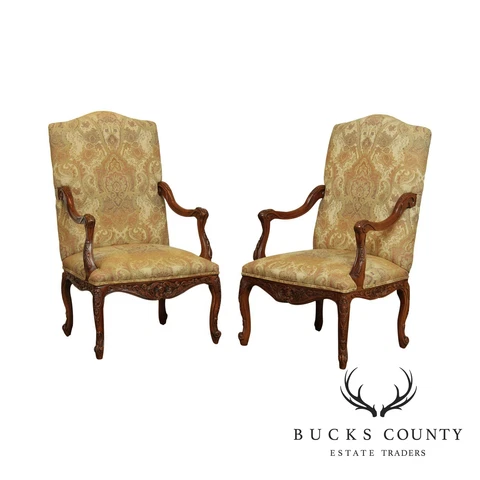 Fairfield Carved Italian Provincial Style Pair High Back Armchairs Cover