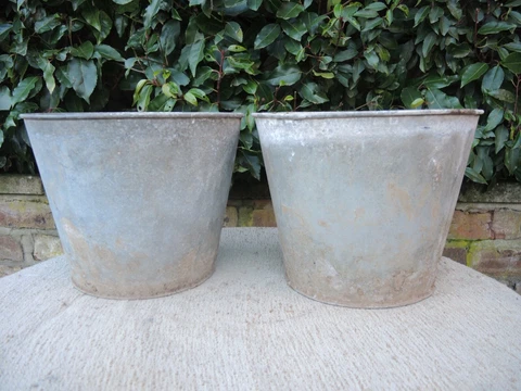 2 Genuine Vintage Galvanised Flower Buckets  Garden Planters  22 cm high  (1109) Cover
