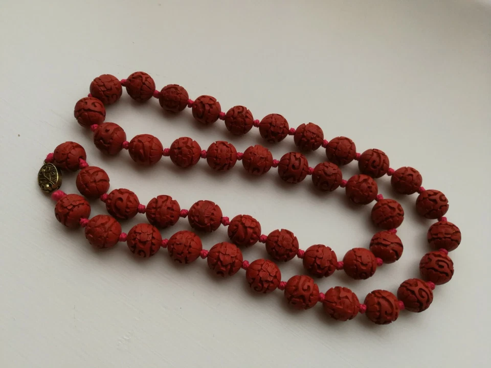 Vtg/Antique Chinese Carved Red Cinnabar Necklace 30" Knotted Filigree Clasp - Image 1 of 4