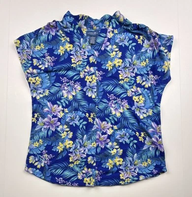 Camisa Top Mujer Caribbean Joe Floral Azul Cuello en V Informal Talla Pequeña Manga Corta Foto 1 de 4