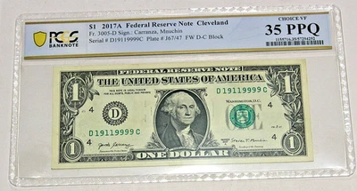 2017-A $1 FRN BINARY Clev Fr. 3005-D Certified Ch VF 35 PPQ Ser # D 19119999 C - Image 1 of 4