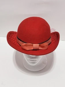 Vintage 60s Geo W Bollman Hat Doeskin Felt 100% Wool Red Bow & Veil Formal - Picture 1 of 10