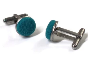 Men Hand Made Teal Blue Linen Fabric Silver Cufflinks Cuff links - Bild 1 von 4