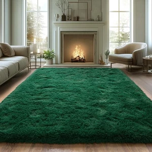 Large Fuzzy Rug 8x10 Feet Deep Green Fluffy for Feet,  - Picture 1 of 7