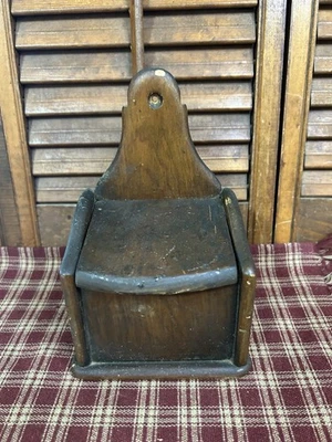 Antique Primitive Salt Box, Wood & Metal Colonial Style Salt Box  - Image 1 of 4