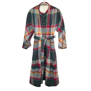 Vintage Plaid Belted Long Coat Medium Mod 60s 70s Tartan Preppy Academia Winter - Picture 1 of 10