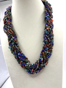Multicolored Braided Layered Beaded Boho Necklace 26” - Picture 1 of 8