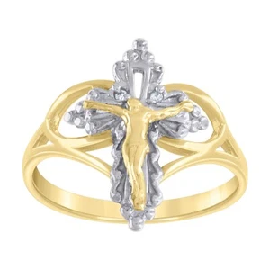 Solid 10KT Two Tone Gold Womens Girls Crucifix Cross Religious Fashion Ring Band - Picture 1 of 1