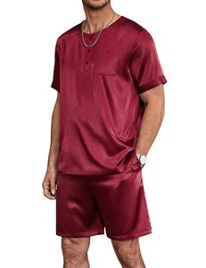 Men Satin Pajamas Set 2 Piece Silk Sleepwear Shorts Button Down Tops Loungewe... - Picture 1 of 6