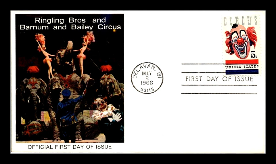 1309 5c Stamp (1966) RBBB CIRCUS & RBBB CLOWN LOU JACOBS FDC - FIRST CACHET - Image 1 of 1